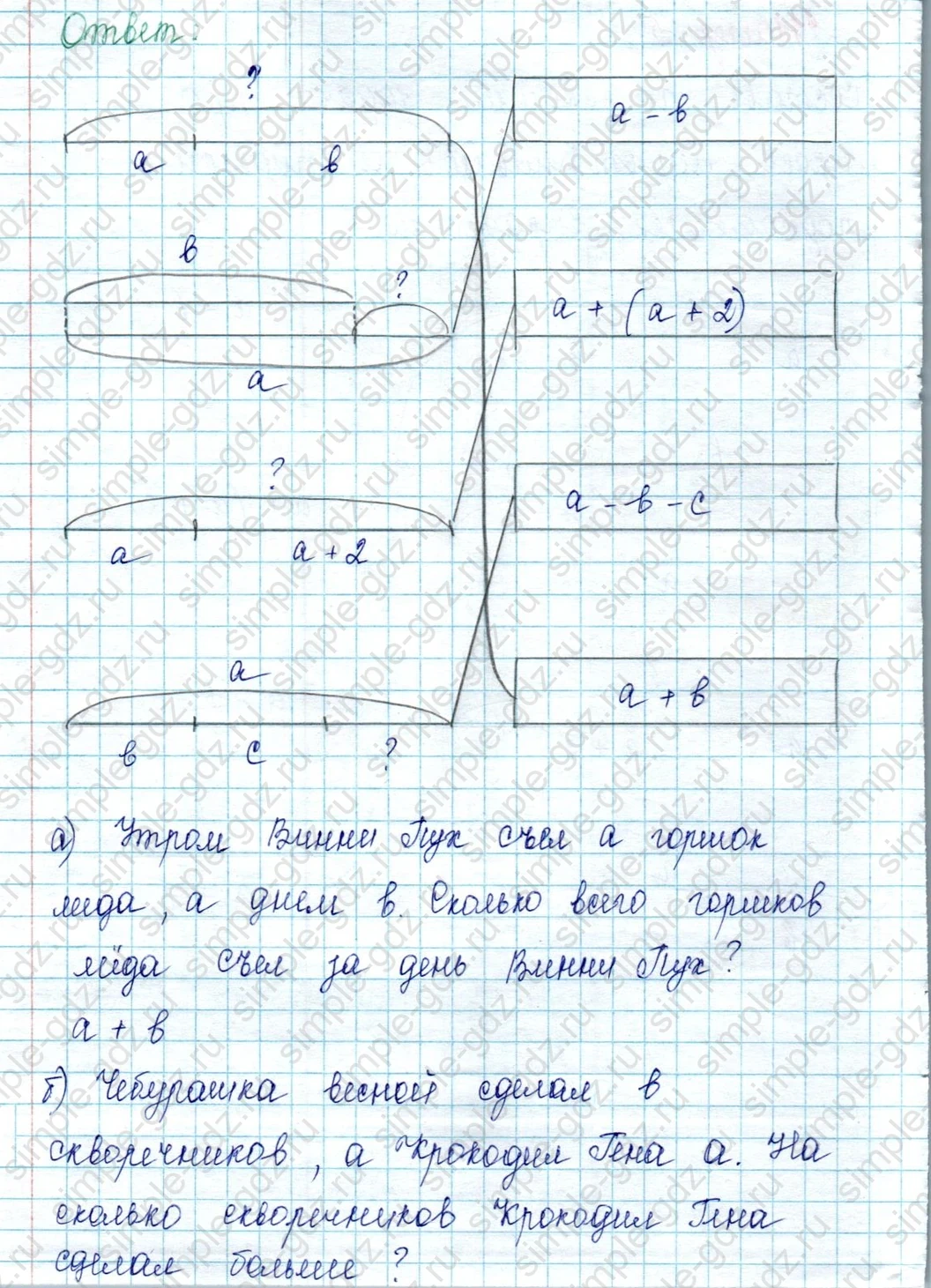 matematika class-2 Математика 2 класс учебник Петерсон 1, 2 и 3 часть - 2 Часть страница 39 ответ Номер 5. Составь по схемам задачи про героев мультфильмов