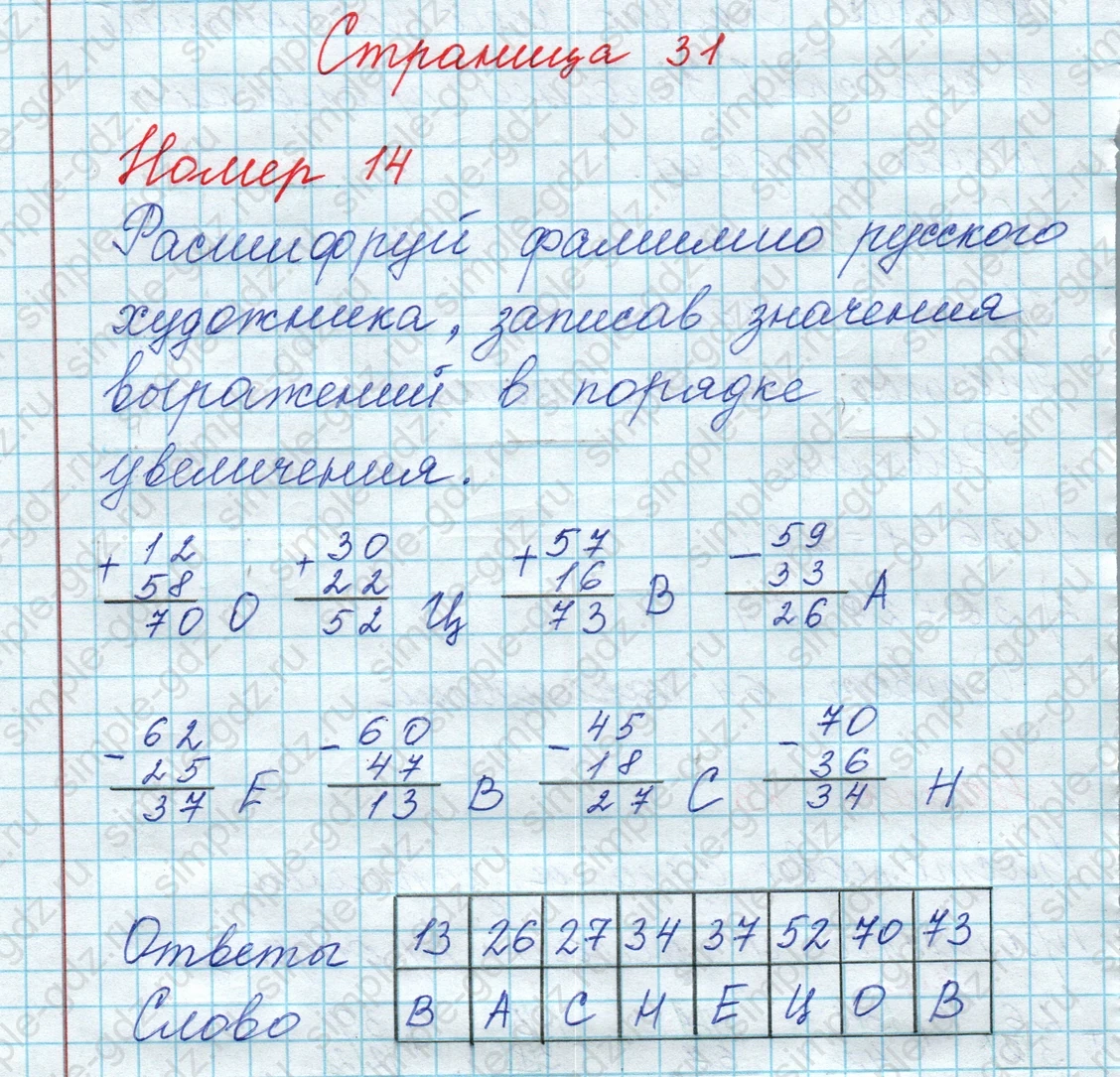 matematika class-3 Математика 3 класс рабочая тетрадь Дорофеев, Миракова часть 1 и 2 - 1 Часть страница 31 ответ Номер 14