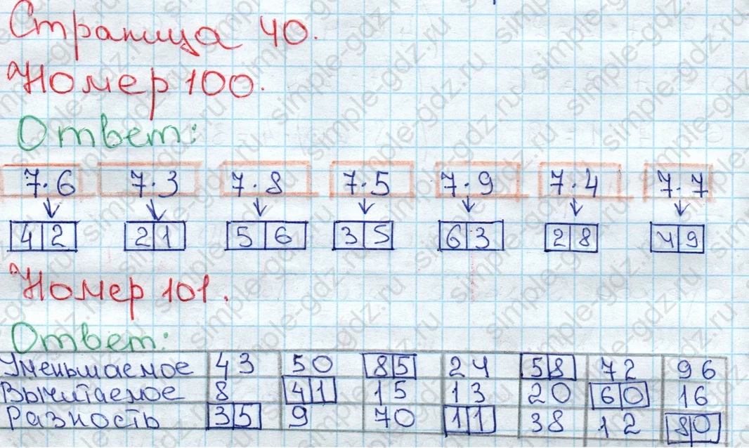 matematika class-3 Математика 3 класс рабочая тетрадь Моро 1, 2 часть - 1 Часть страница 40 ответ 100