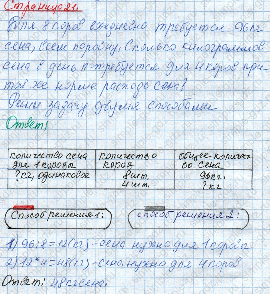 matematika class-4 Математика 4 класс рабочая тетрадь Дорофеев, Миракова часть 1 и 2 - 1 Часть страница 21 ответ Задача про сено (без номера)