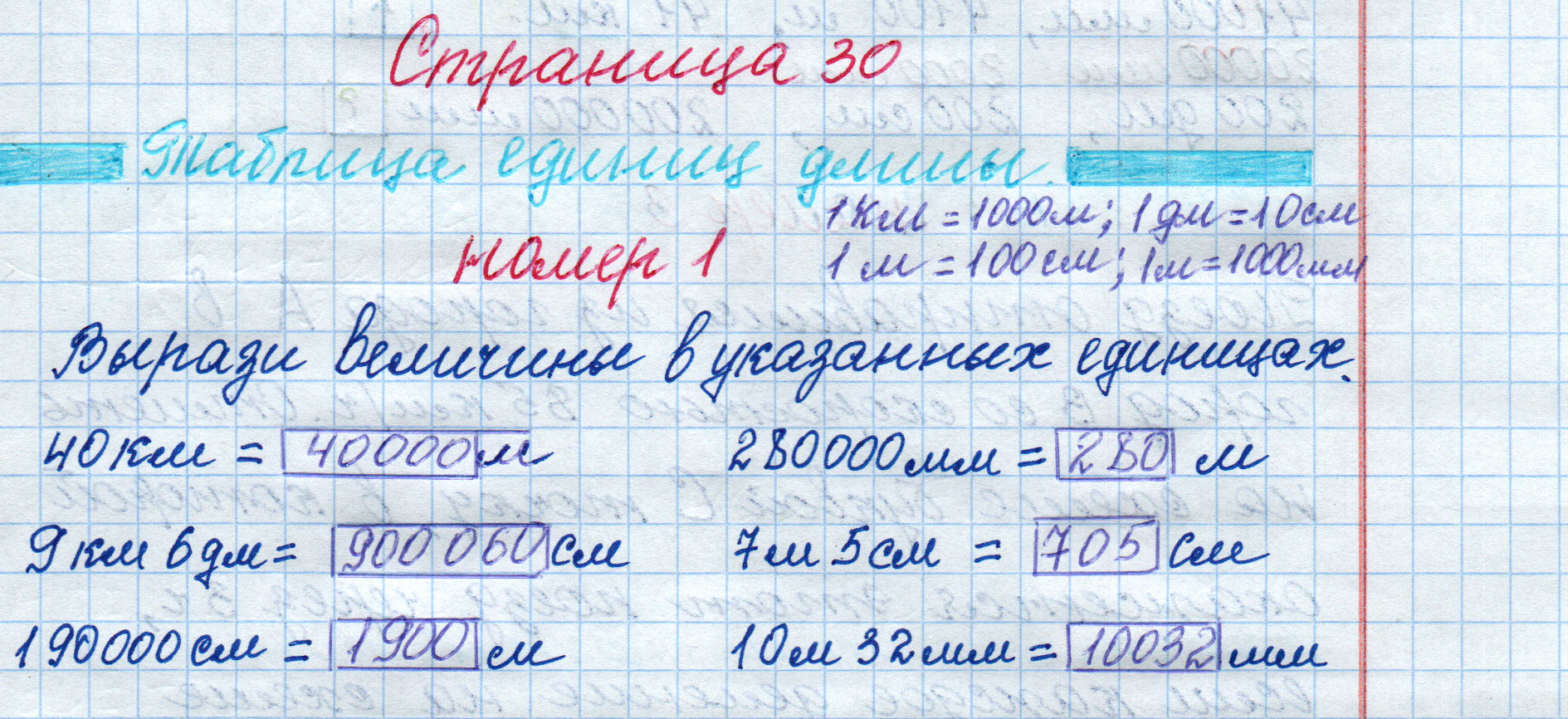 matematika class-4 Математика 4 класс рабочая тетрадь Дорофеев, Миракова часть 1 и 2 - 1 Часть страница 30 ответ Таблица единиц длины номер 1
